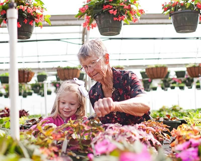 Elderly woman and young girl looking at flowers.